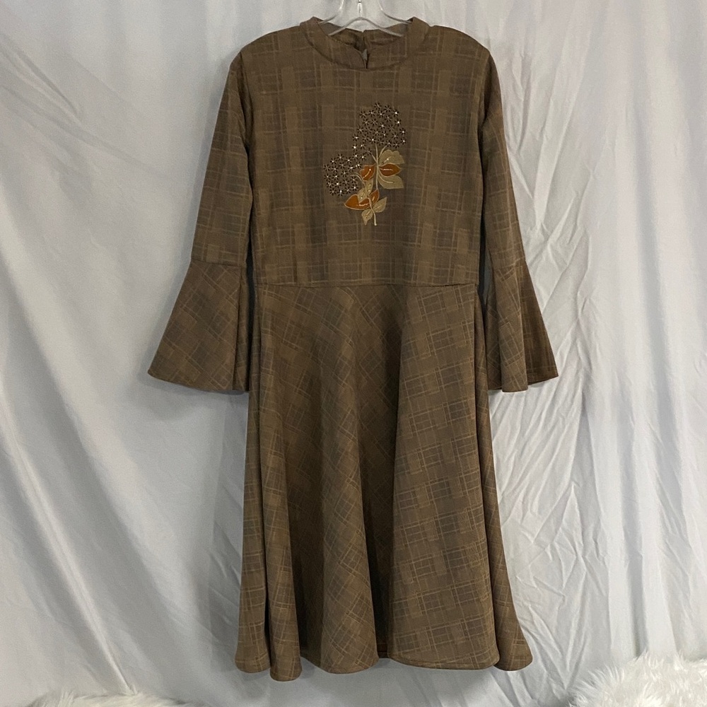 Mont ville L Plaid Brown Long Sleeve A-Line Dress with Embroidered Detail